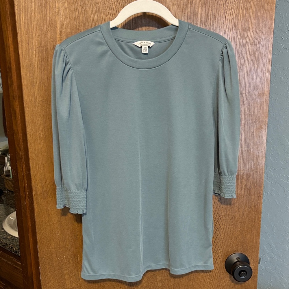 Lucky Brand Sage Green-Blue Puff-Sleeve Crewneck Top